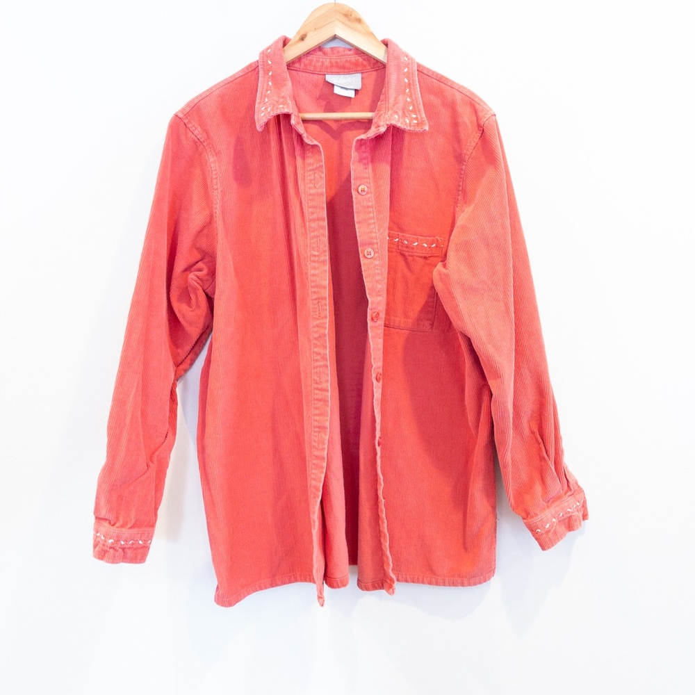 Vintage Blair Corduroy Embroidered Button Front Shirt Shacket Pink Orange Large